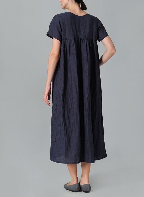 Linen Short Sleeves Pleated Maxi Dress