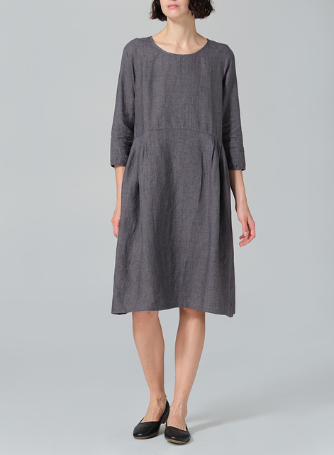 Linen A-line Mid-Length Pleated-Waist Dress