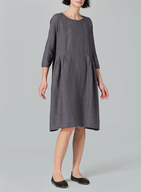 Linen A-line Mid-Length Pleated-Waist Dress