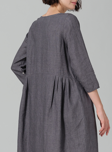 Linen A-line Mid-Length Pleated-Waist Dress