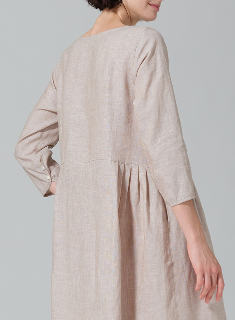 Linen A-line Mid-Length Pleated-Waist Dress