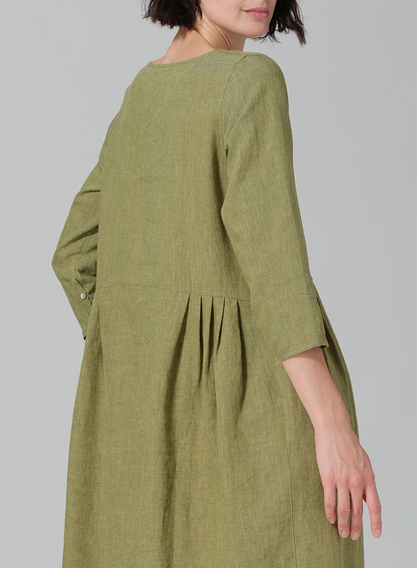 Linen A-line Mid-Length Pleated-Waist Dress