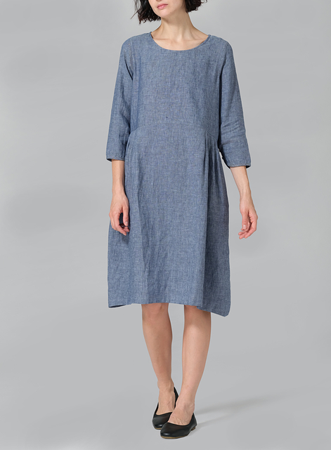 Linen A-line Mid-Length Pleated-Waist Dress