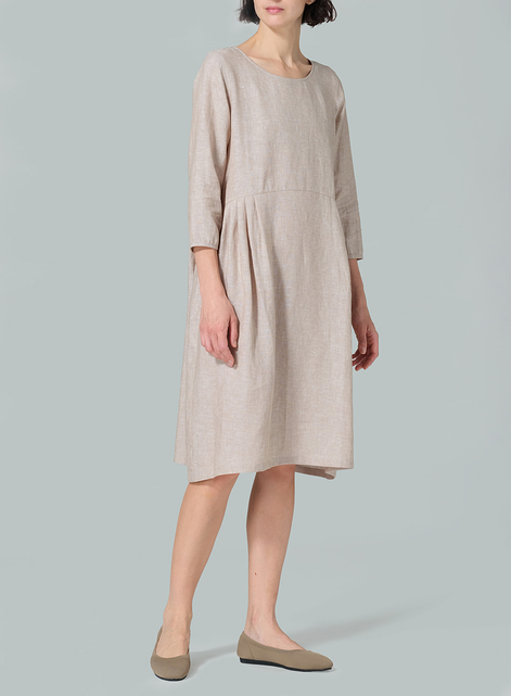 Linen A-line Mid-Length Pleated-Waist Dress