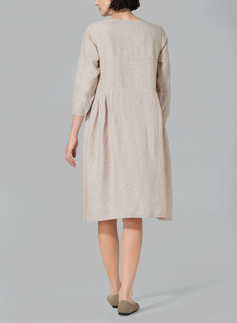 Linen A-line Mid-Length Pleated-Waist Dress