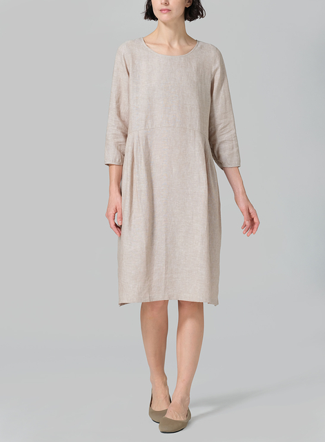 Linen A-line Mid-Length Pleated-Waist Dress