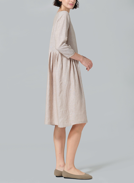 Linen A-line Mid-Length Pleated-Waist Dress