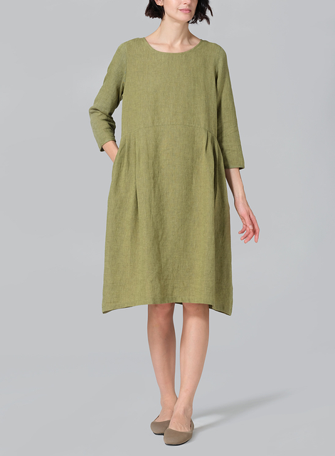 Linen A-line Mid-Length Pleated-Waist Dress