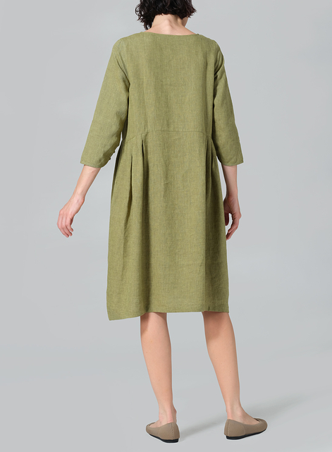 Linen A-line Mid-Length Pleated-Waist Dress