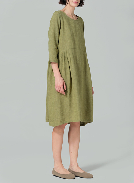 Linen A-line Mid-Length Pleated-Waist Dress