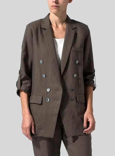 Linen Double-Breasted Roll Sleeve Jacket