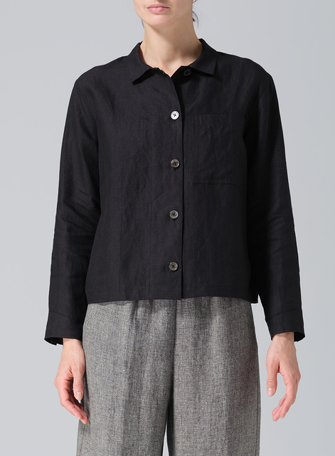 Linen Cropped Shirt Jacket with Pockets