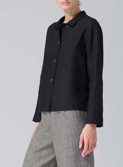 Linen Cropped Shirt Jacket with Pockets