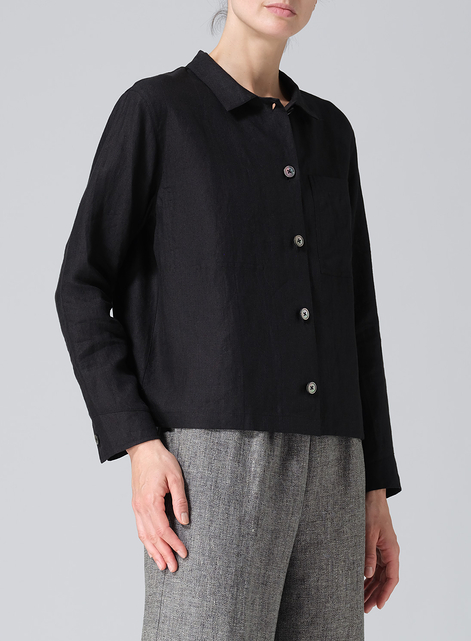 Linen Cropped Shirt Jacket with Pockets