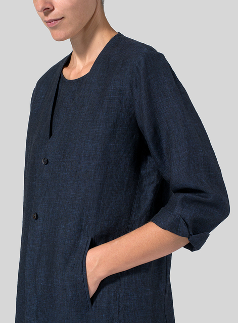 Linen Straight Fit V-Neck Long Jacket