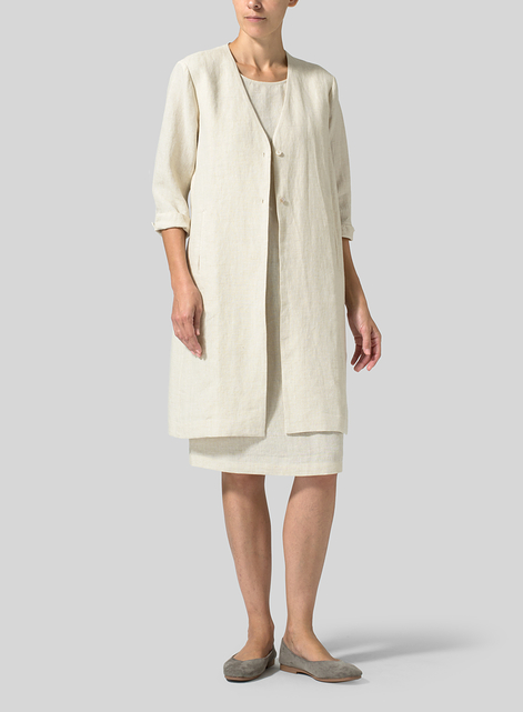 Linen Straight Fit V-Neck Long Jacket