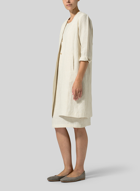 Linen Straight Fit V-Neck Long Jacket