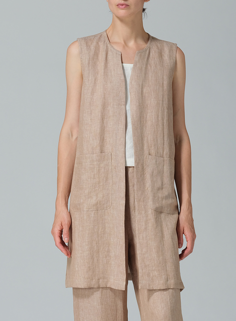 Linen Open Front Straight Long Vest Jacket