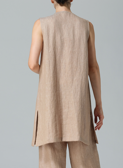 Linen Open Front Straight Long Vest Jacket