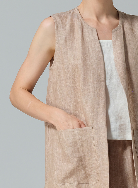 Linen Open Front Straight Long Vest Jacket