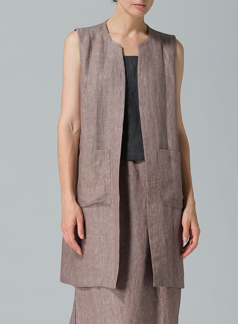 Linen Open Front Straight Long Vest Jacket