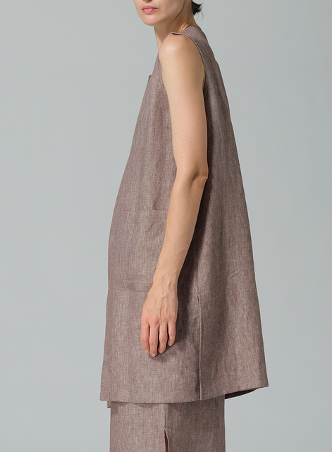 Linen Open Front Straight Long Vest Jacket