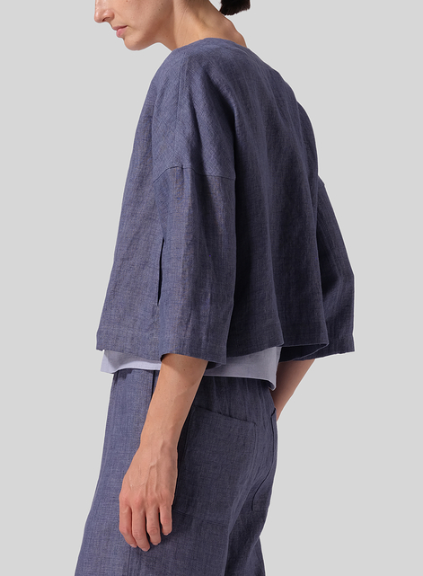 Linen Open Front 3/4-Sleeve Cropped Jacket