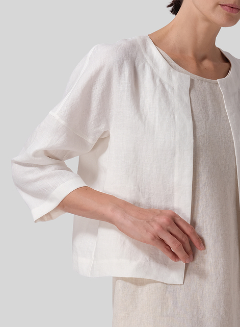 Linen Open Front 3/4-Sleeve Cropped Jacket