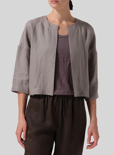 Heavy Linen Open Front 3/4-Sleeve Cropped Jacket