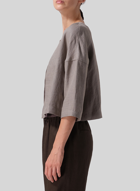 Heavy Linen Open Front 3/4-Sleeve Cropped Jacket