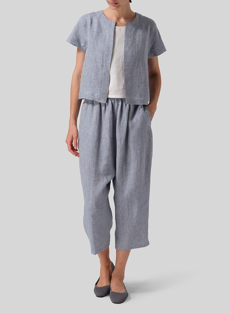 Heavy Linen Open Front Cropped Jacket