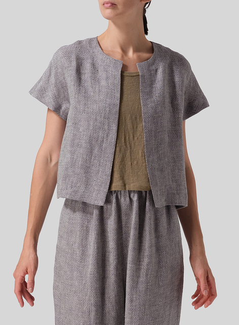 Heavy Linen Open Front Cropped Jacket