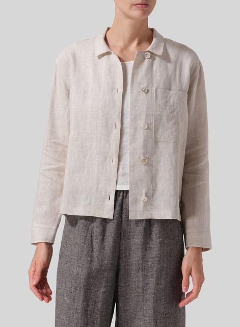 Linen Cropped Shirt Jacket with Pockets