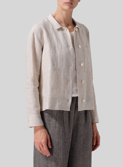 Linen Cropped Shirt Jacket with Pockets