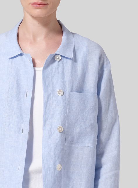 Linen Cropped Shirt Jacket with Pockets