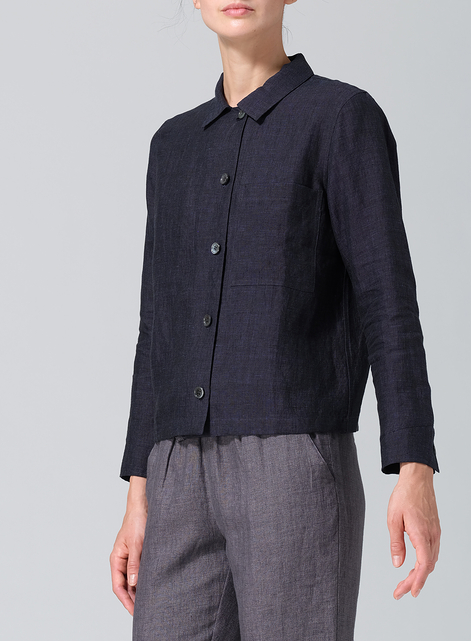 Linen Cropped Shirt Jacket with Pockets