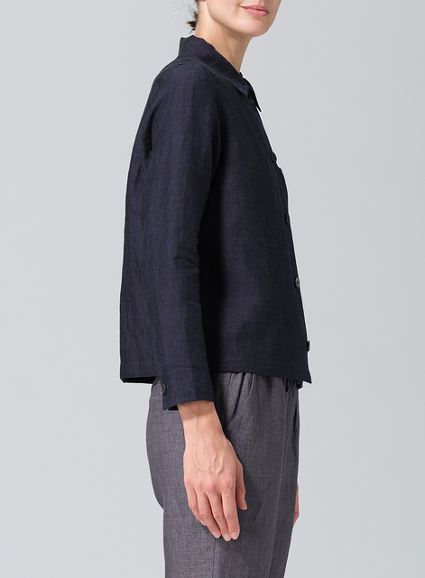 Linen Cropped Shirt Jacket with Pockets