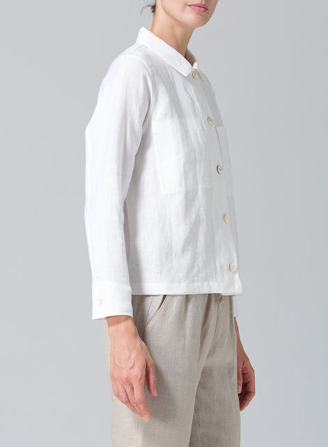 Linen Cropped Shirt Jacket with Pockets