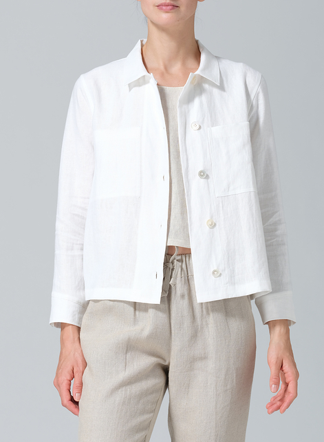 Linen Cropped Shirt Jacket with Pockets