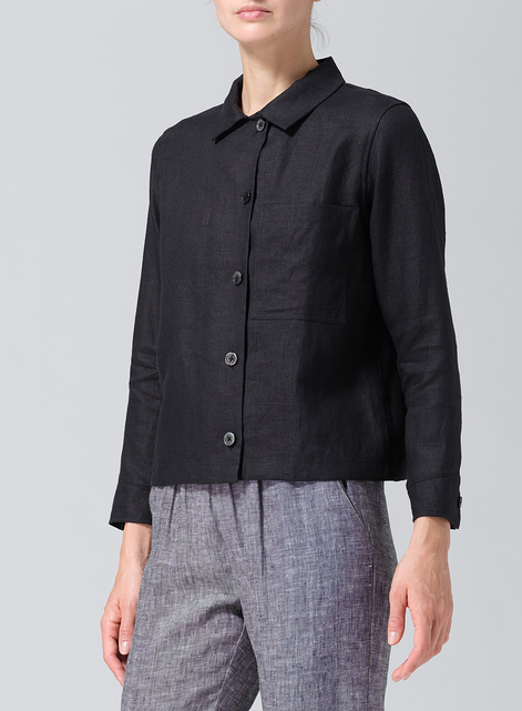 Linen Cropped Shirt Jacket with Pockets