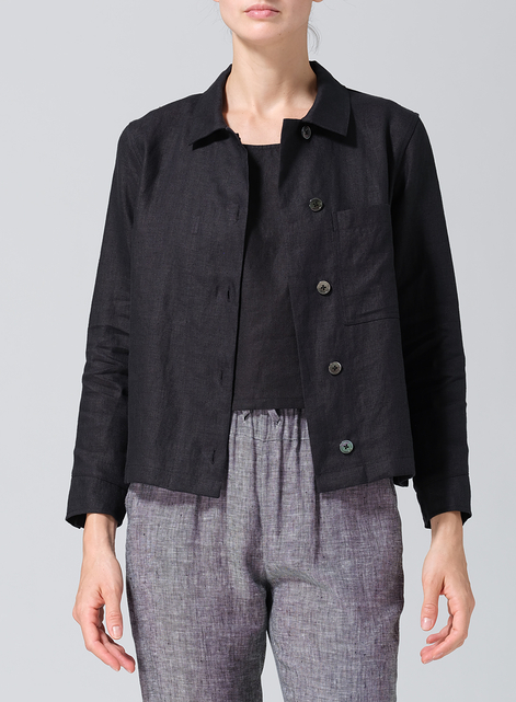 Linen Cropped Shirt Jacket with Pockets