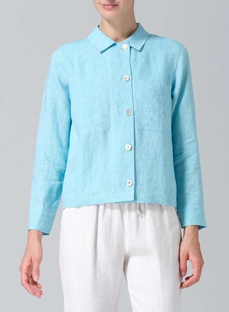 Linen Cropped Shirt Jacket with Pockets