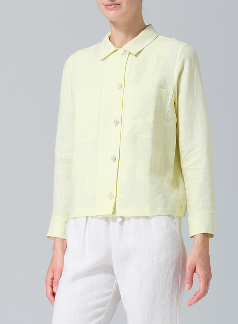 Linen Cropped Shirt Jacket with Pockets