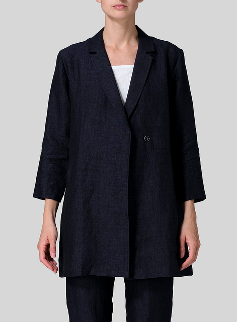 Linen Notch Lapel Hidden-Button Blazer