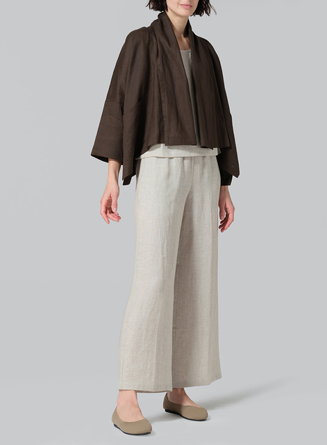 Linen Shawl Collar Open Front Cropped Jacket