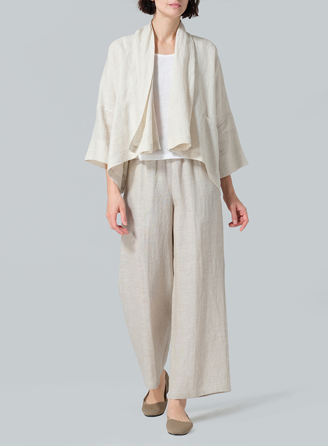 Linen Shawl Collar Open Front Cropped Jacket