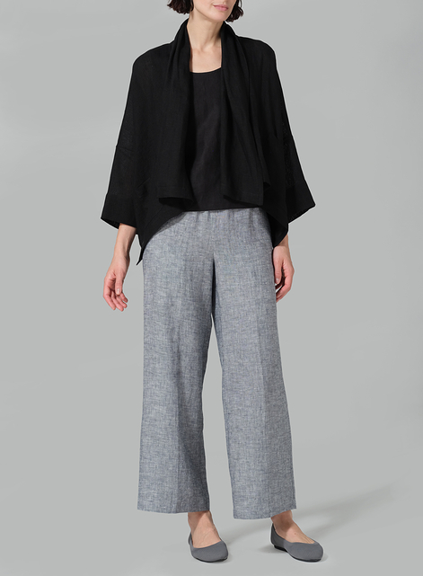 Linen Shawl Collar Open Front Cropped Jacket