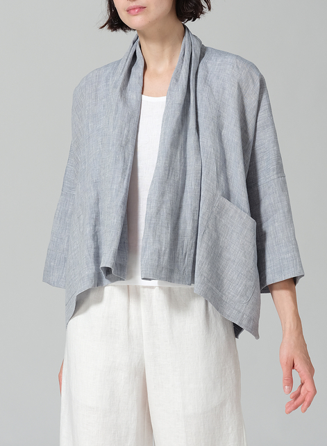 Linen Shawl Collar Open Front Cropped Jacket