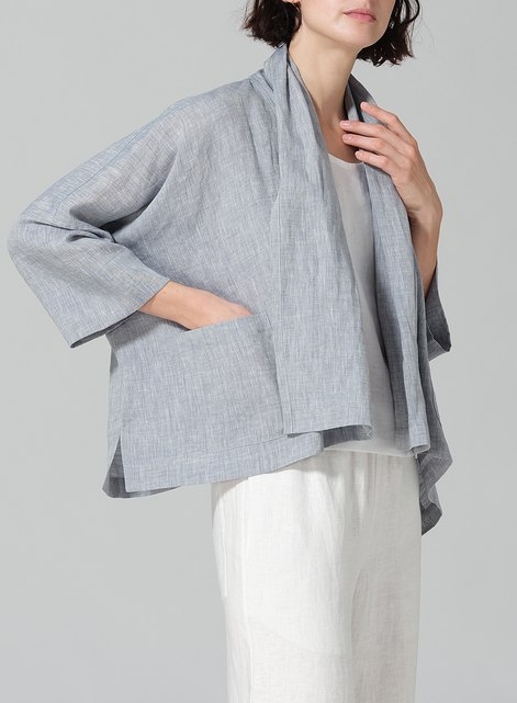 Linen Shawl Collar Open Front Cropped Jacket