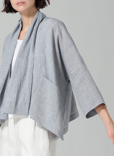 Linen Shawl Collar Open Front Cropped Jacket